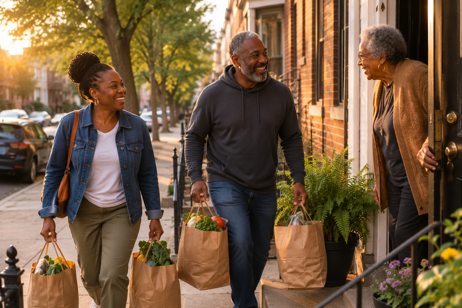 Neighbours helping carry groceries into a home as a picture of community support