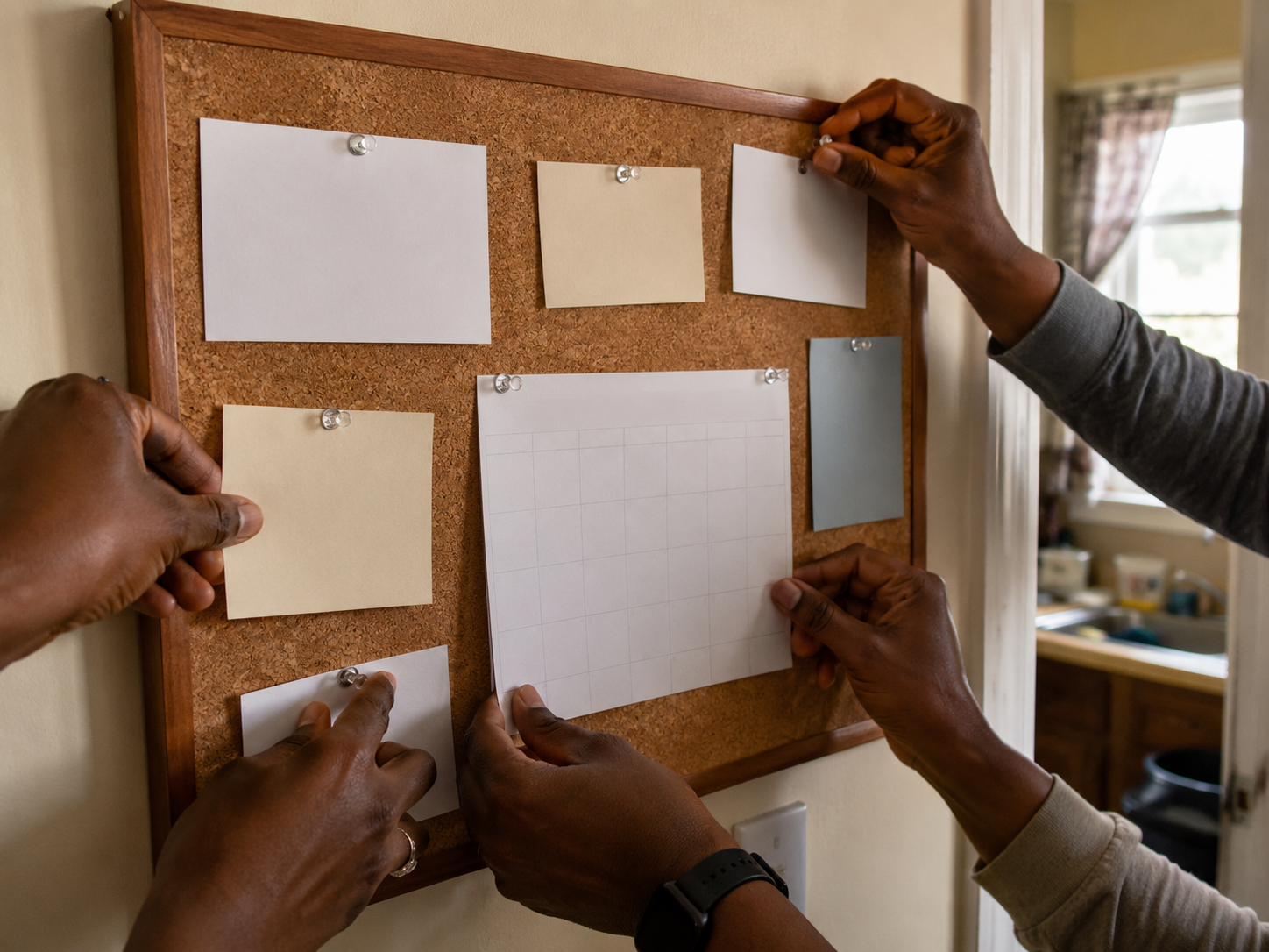 A family member pinning emergency contacts and a blank calendar to a home notice board