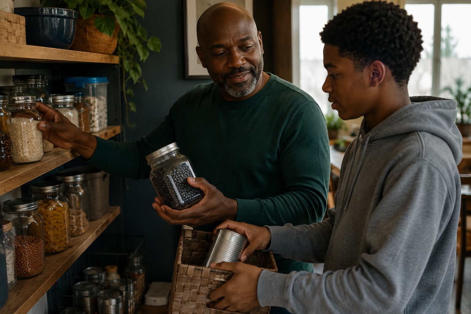 A parent and teenager organising a modest home pantry together