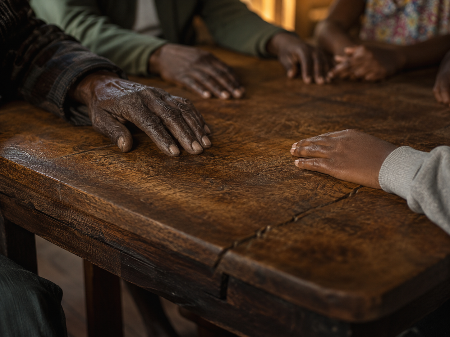 Several hands of different ages resting on a strong wooden table