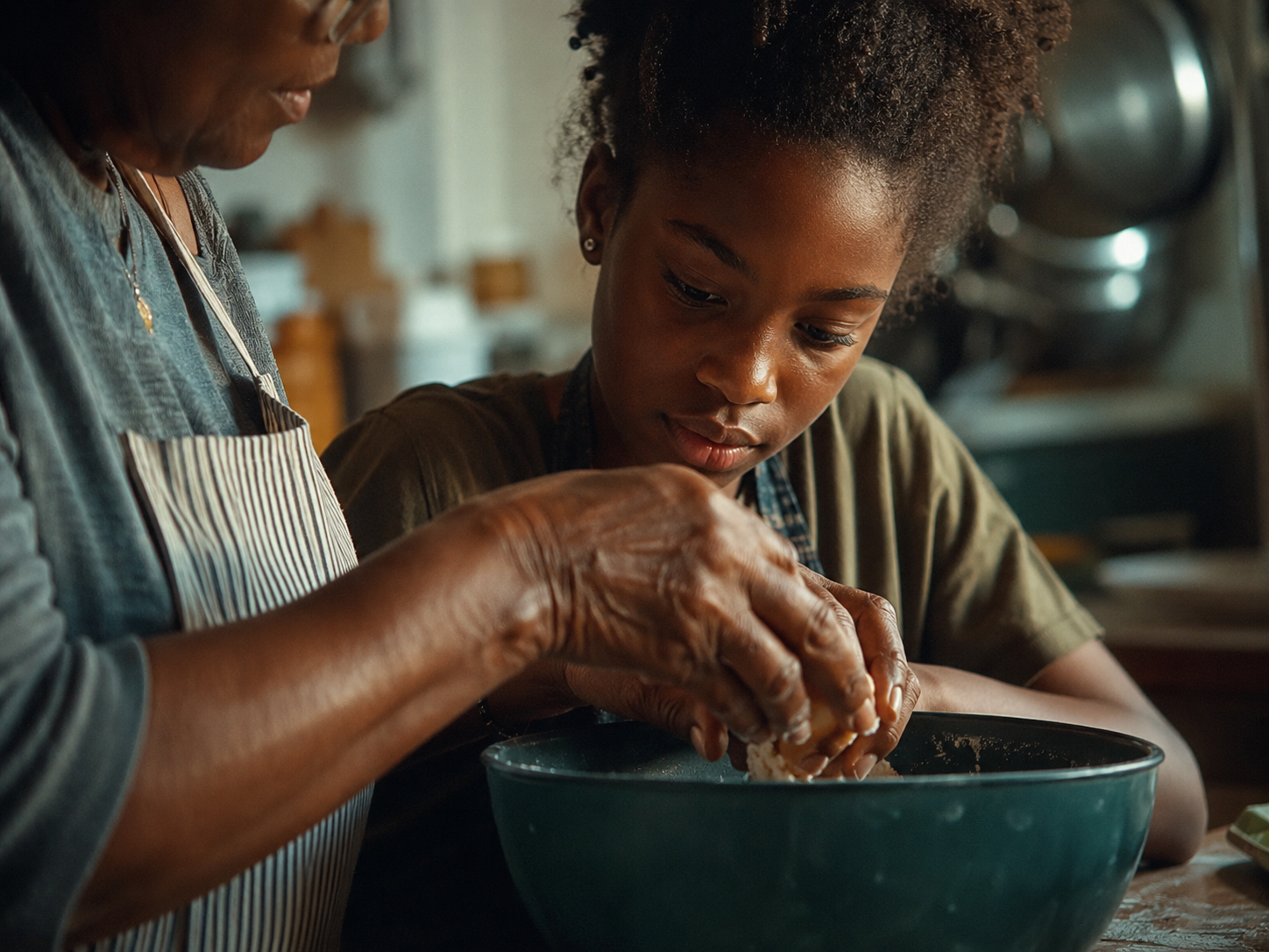 An elder showing a younger relative how to prepare a family recipe