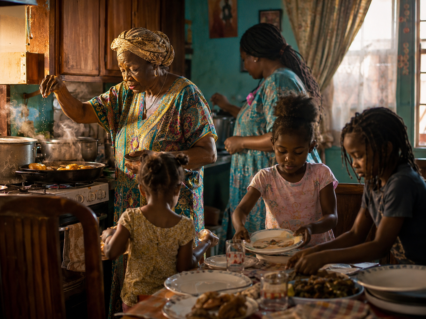 A multigenerational family preparing a familiar meal together in a warm kitchen