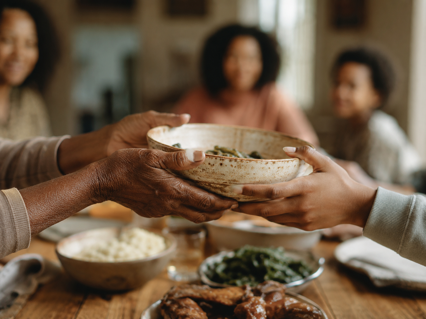 Older hands passing a well-used serving bowl to younger hands across a table