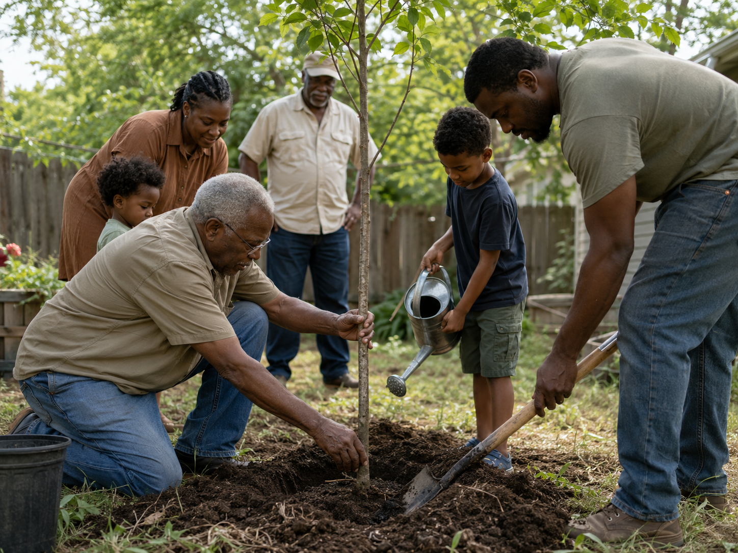 Several generations planting a young tree together in a yard
