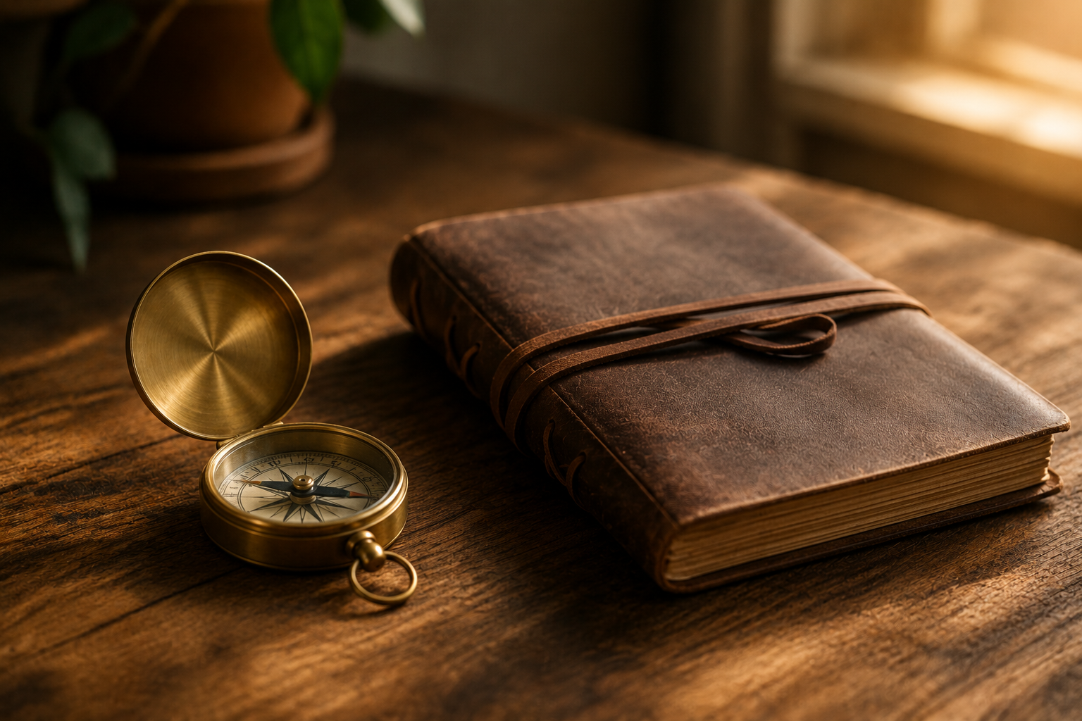 A simple compass resting beside a well-used family journal on a wooden table