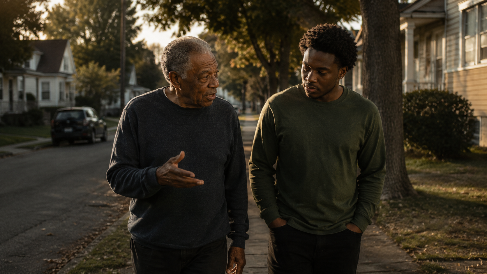 An older adult and a young adult talking as they walk through their neighbourhood