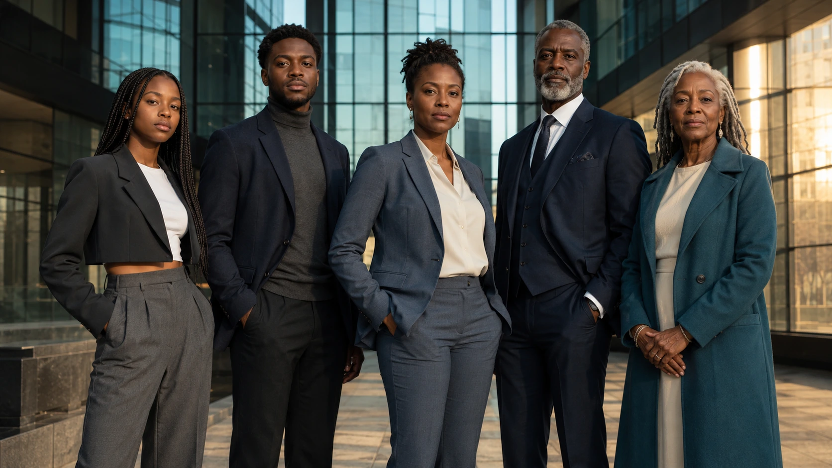 Five generations of Black professionals in a modern glass atrium — why history matters at every age