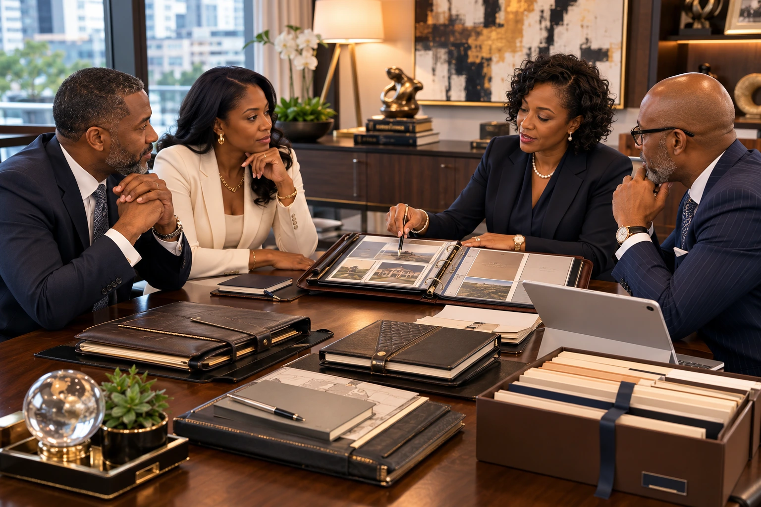 A calm middle-aged couple organizing important documents together at a tidy dining table