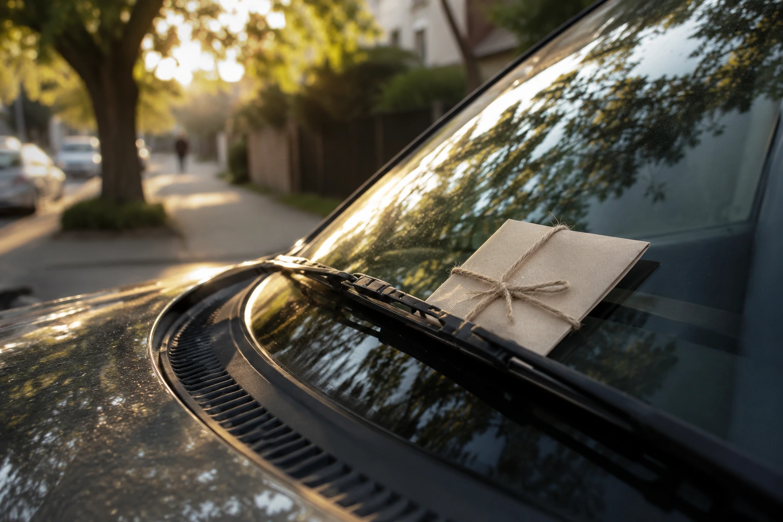 A small encouraging note with no signature tucked under a windshield wiper