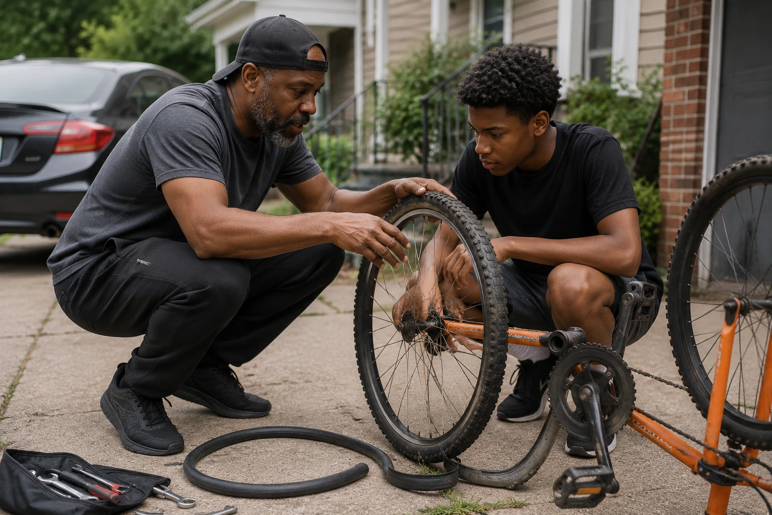 An adult patiently teaching a neighborhood kid a skill for free in a driveway