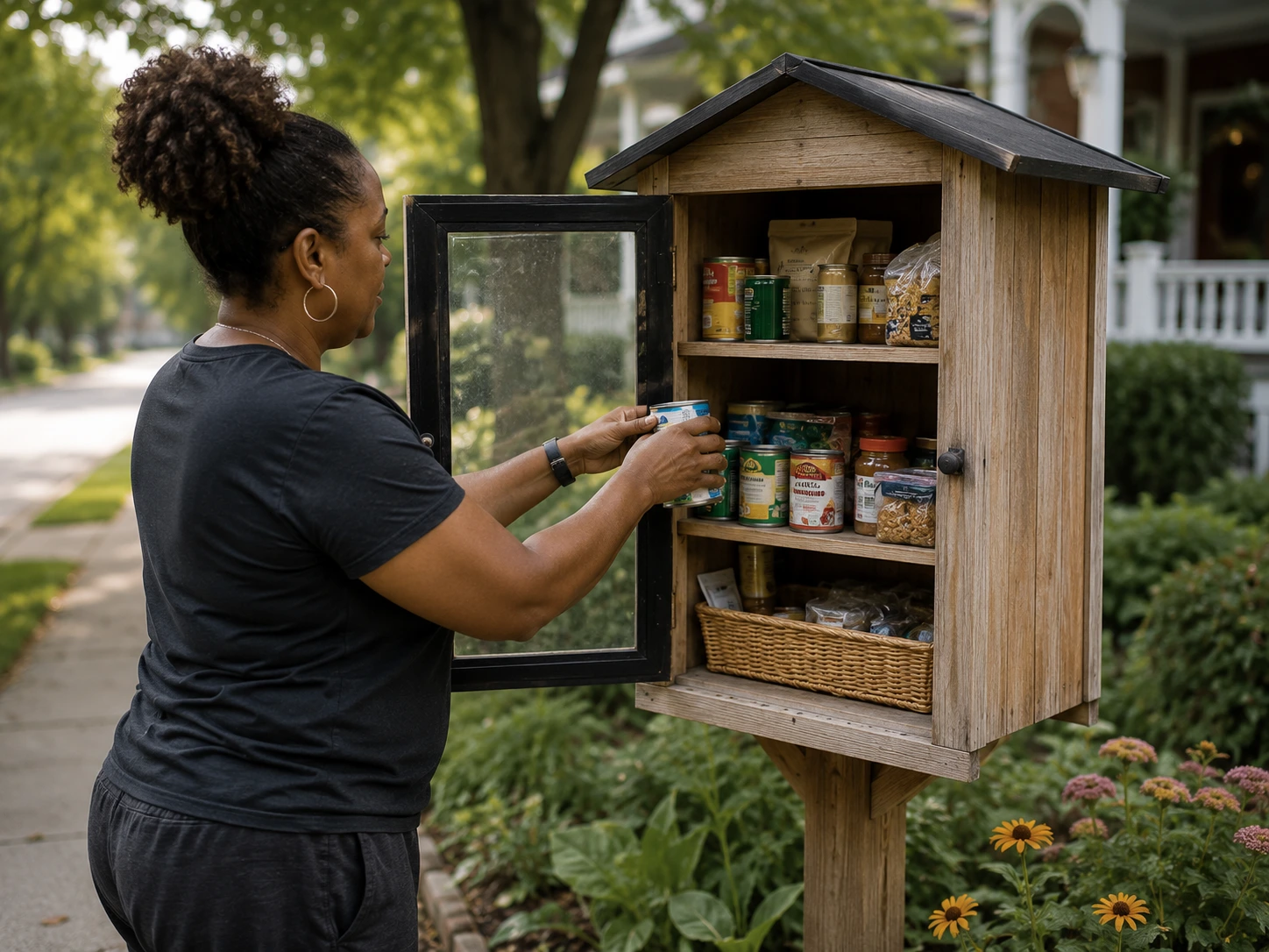 A little free pantry box on a post, someone quietly restocking it with care