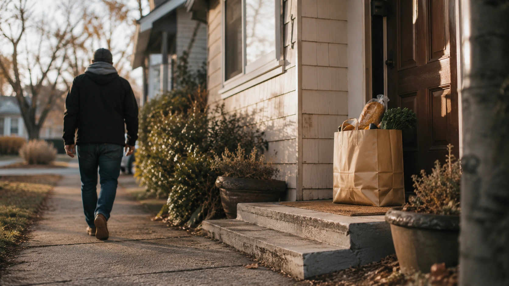 A person leaving a bag of groceries on a doorstep and walking away unseen