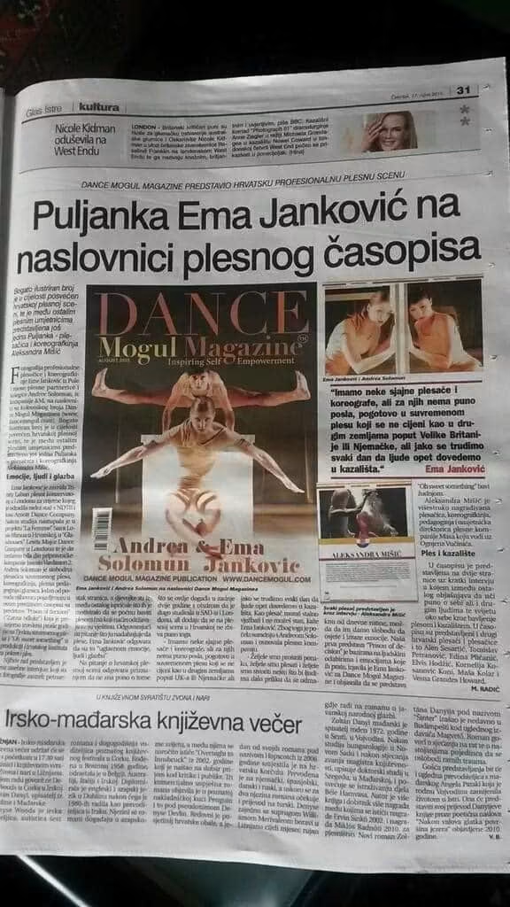 Glas Istre newspaper covering the Dance Mogul Magazine Croatian dancers cover featuring Ema Jankovic, 2015