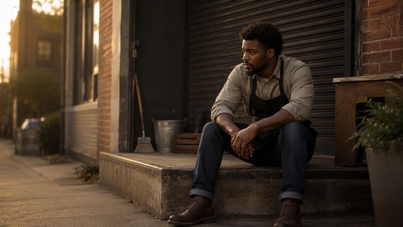 A person sitting on the back step of a closed shop, thoughtful rather than defeated