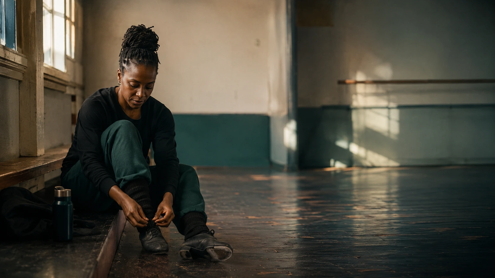 A woman beginning a morning ritual at a sunlit window