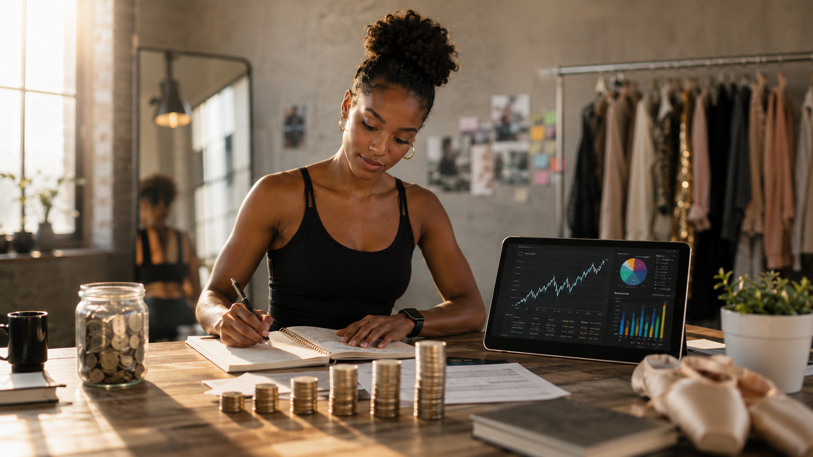 Simple investment growth chart with coins and a dancer planning long-term goals