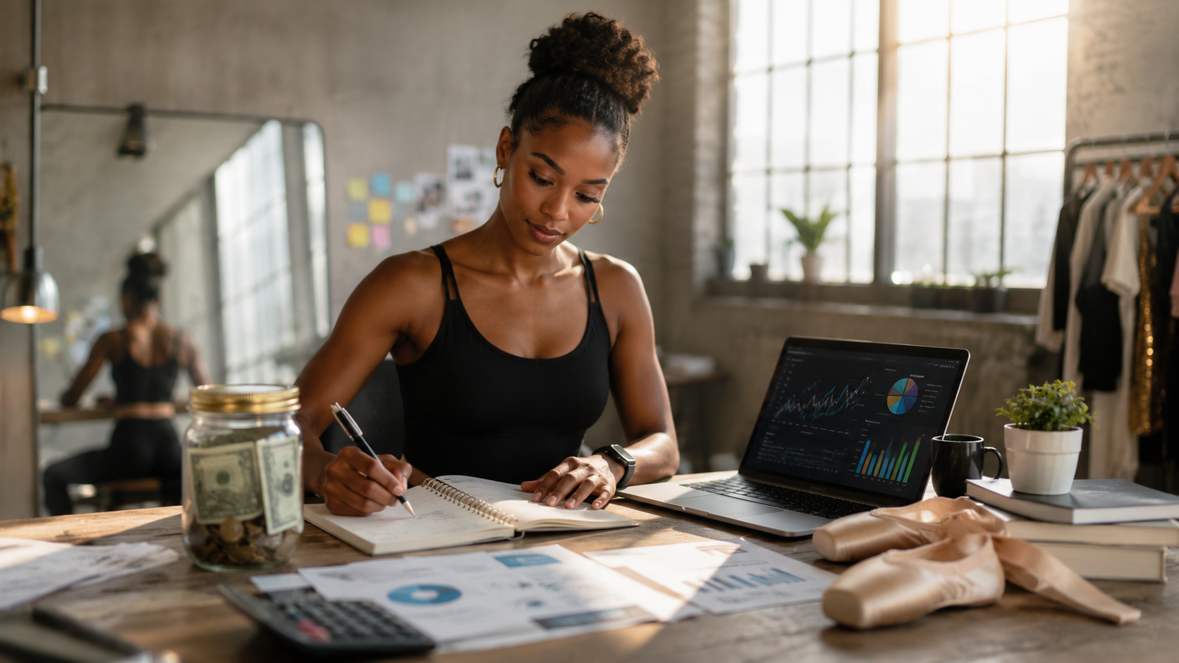 Dancer planning long-term financial goals with savings, investing, and creative legacy symbols