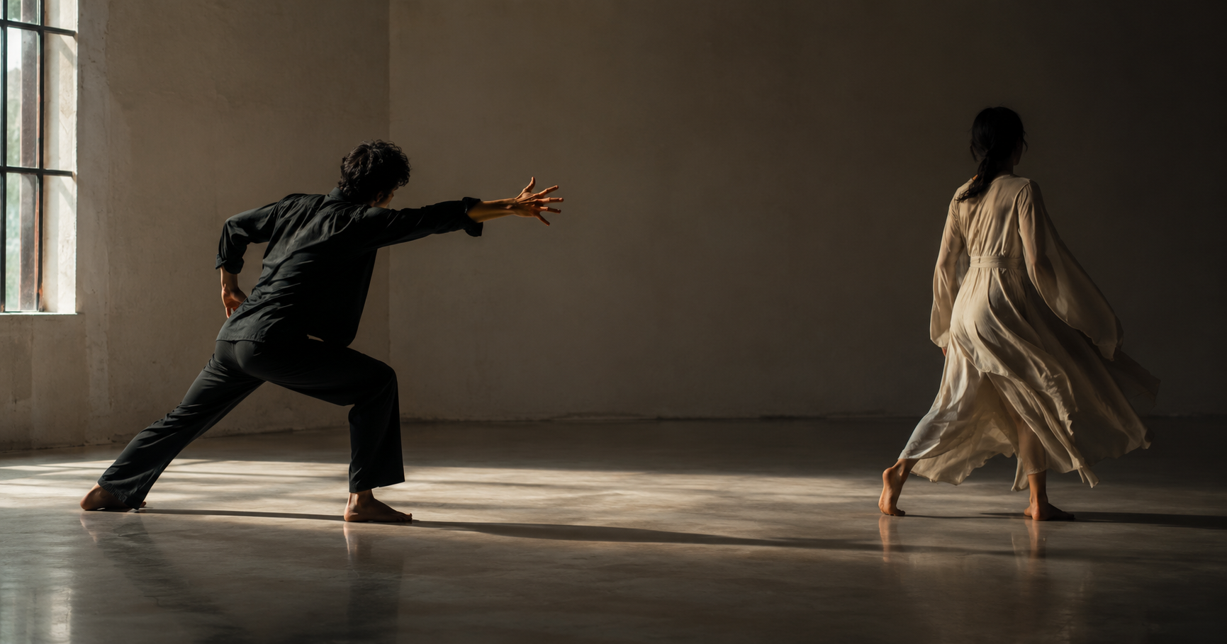 Two dancers using gesture, distance, and timing to tell an emotional story through movement