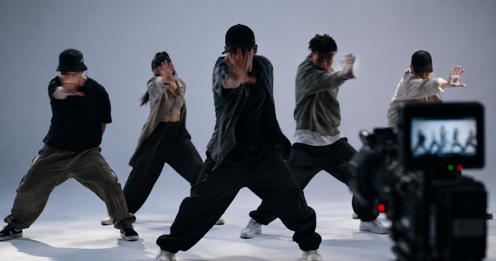 Dancers performing precise commercial choreography for a studio camera and global online audience