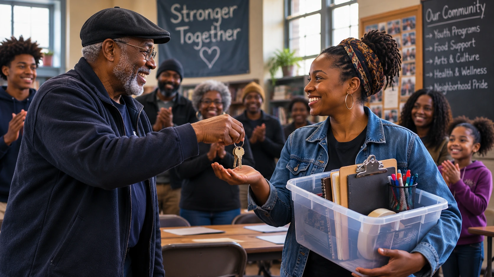 An older community organizer handing a clipboard and keys to a younger successor