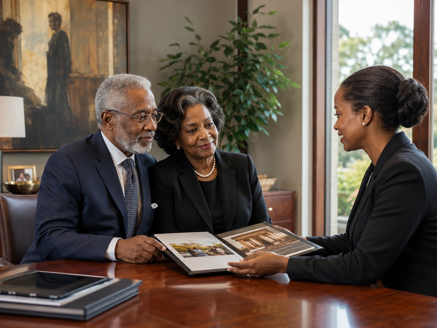 A calm middle-aged couple organizing important documents together at a tidy dining table