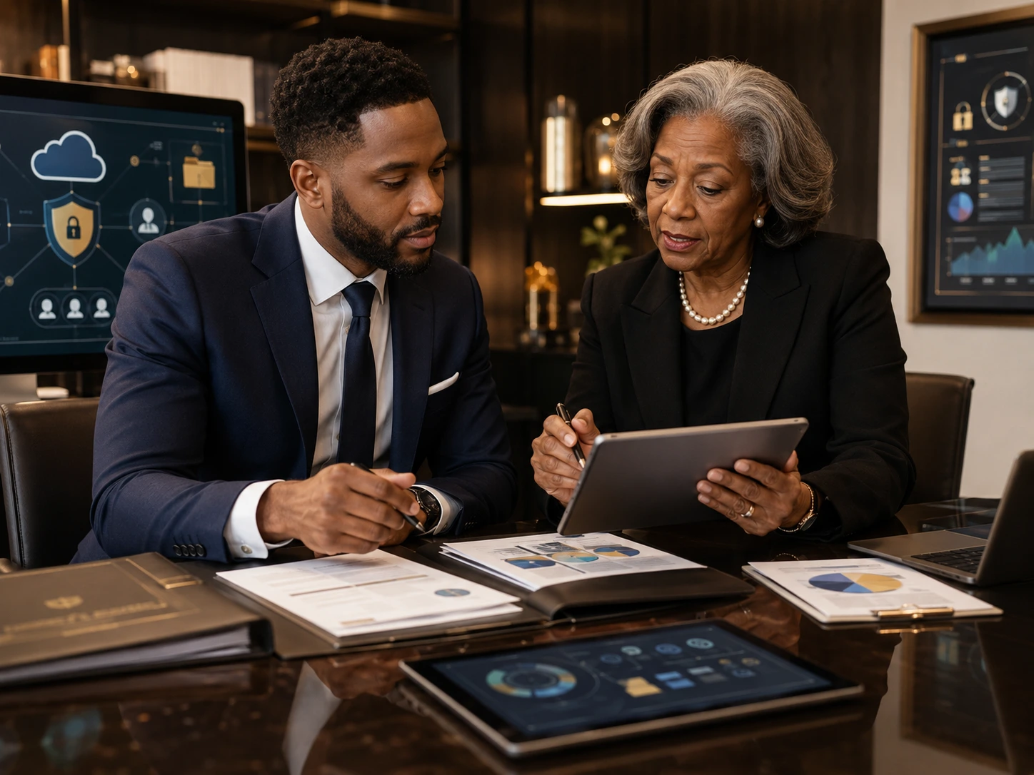 A warm, reassuring meeting between a family and a trusted advisor across a desk