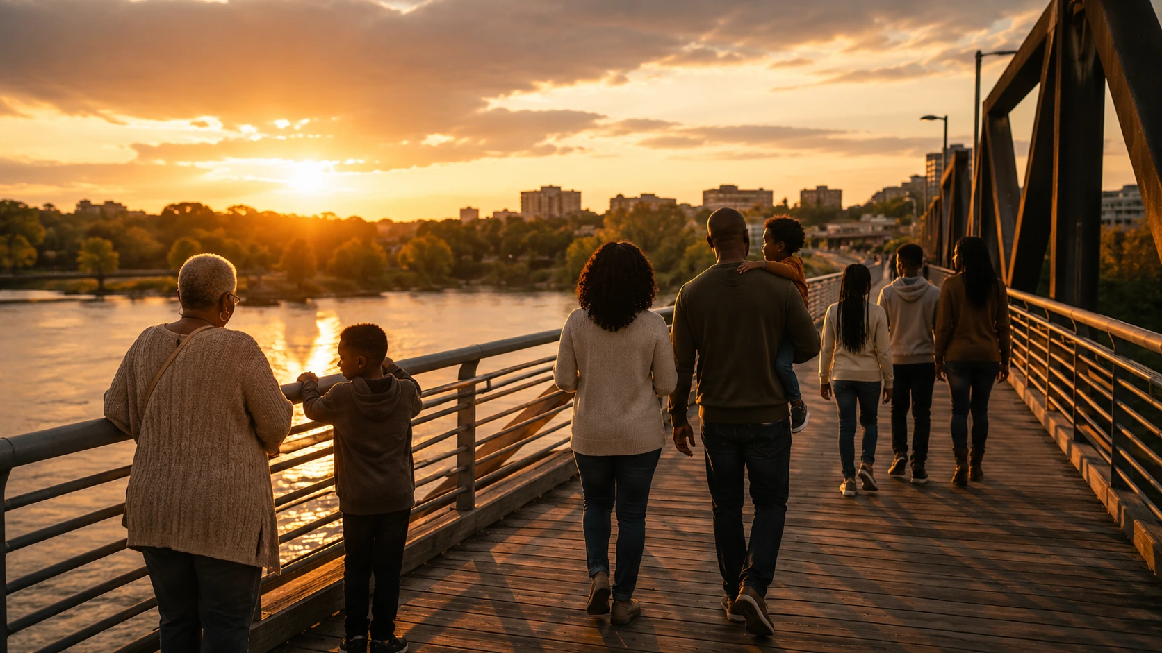 A multigenerational family walking toward a warm sunset