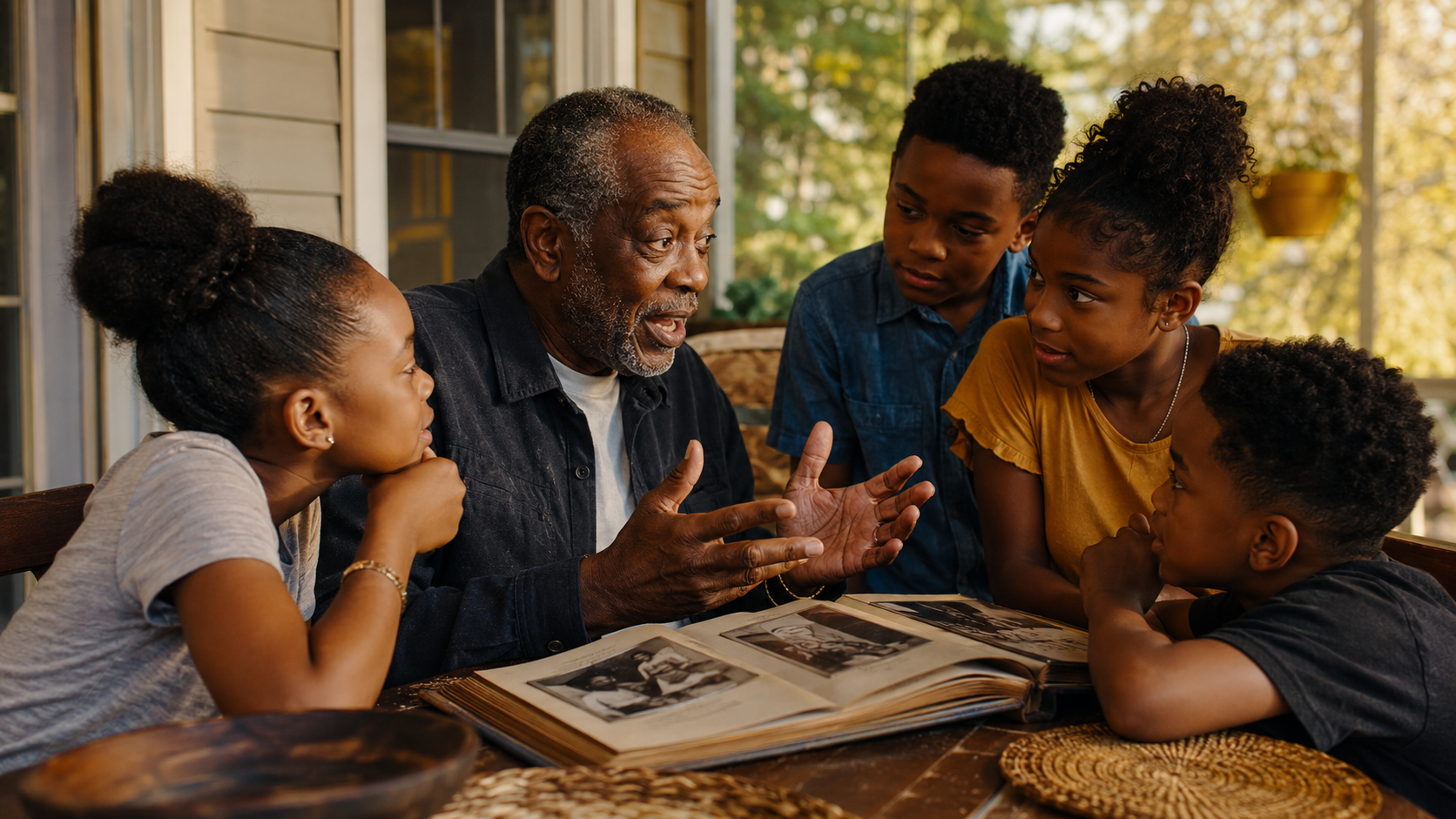 A grandparent sharing a story with grandchildren around a table