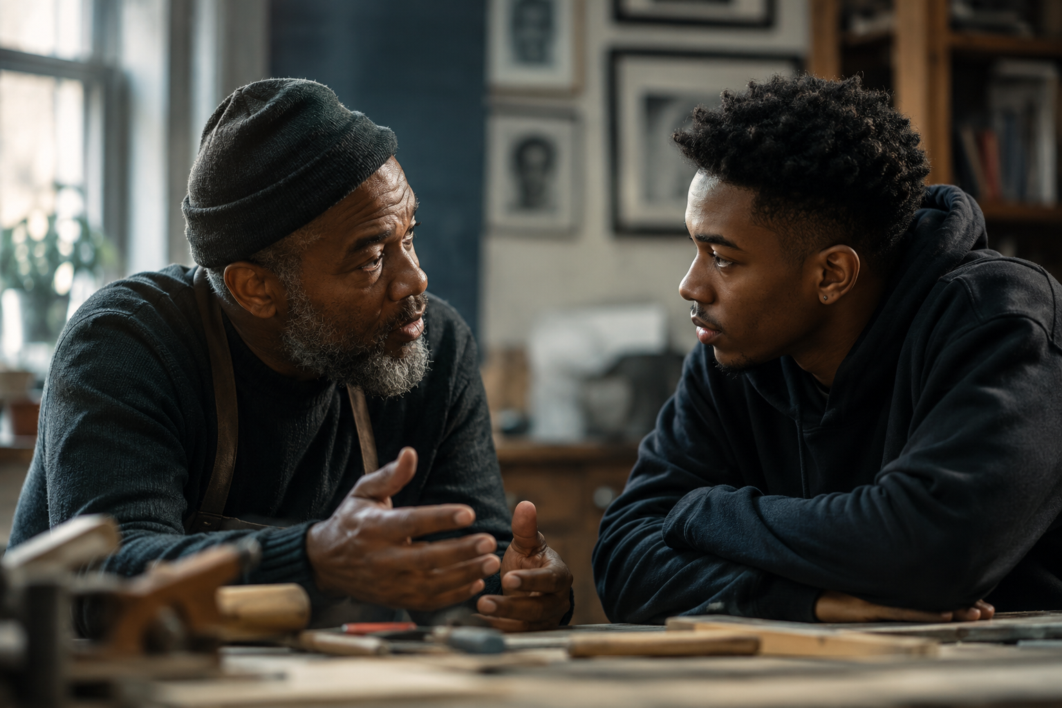 A mentor and a younger adult in focused conversation in a community space