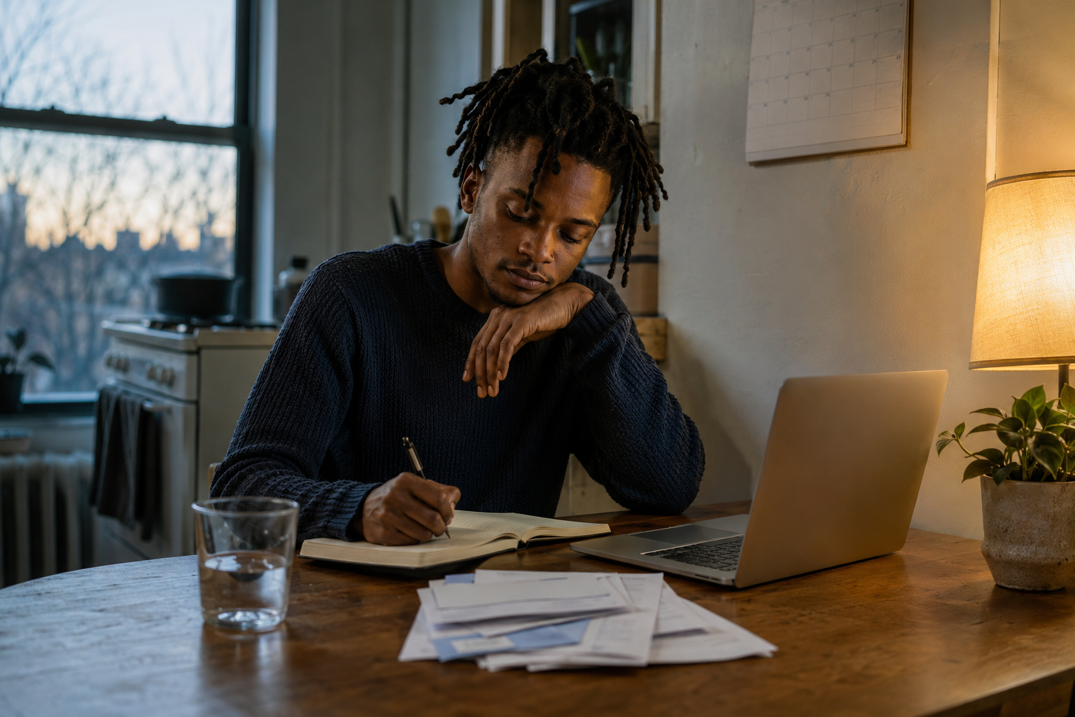 A young adult reviewing goals and responsibilities in a notebook at a kitchen table