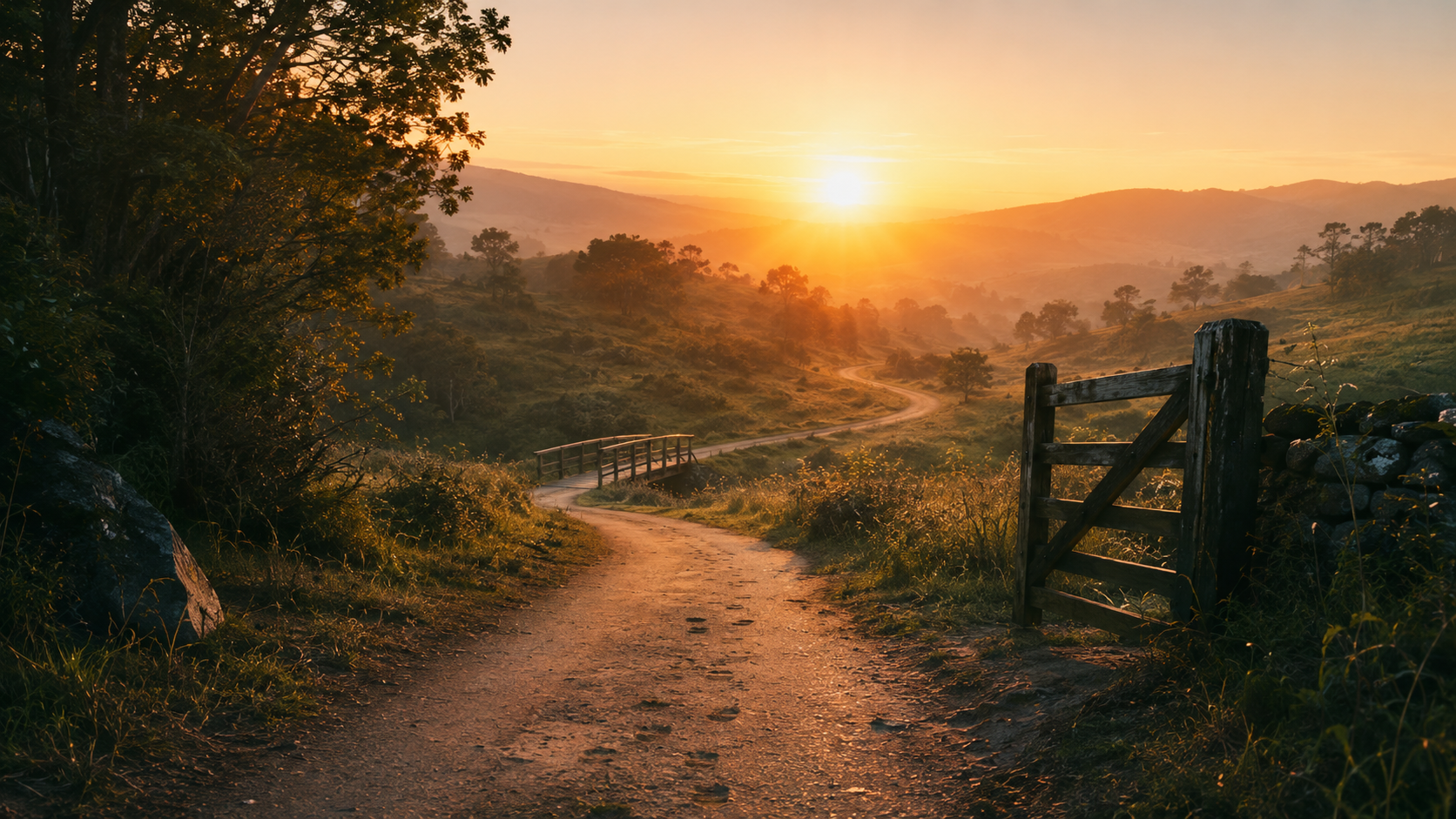 A winding road leading through an open gate toward a sunrise