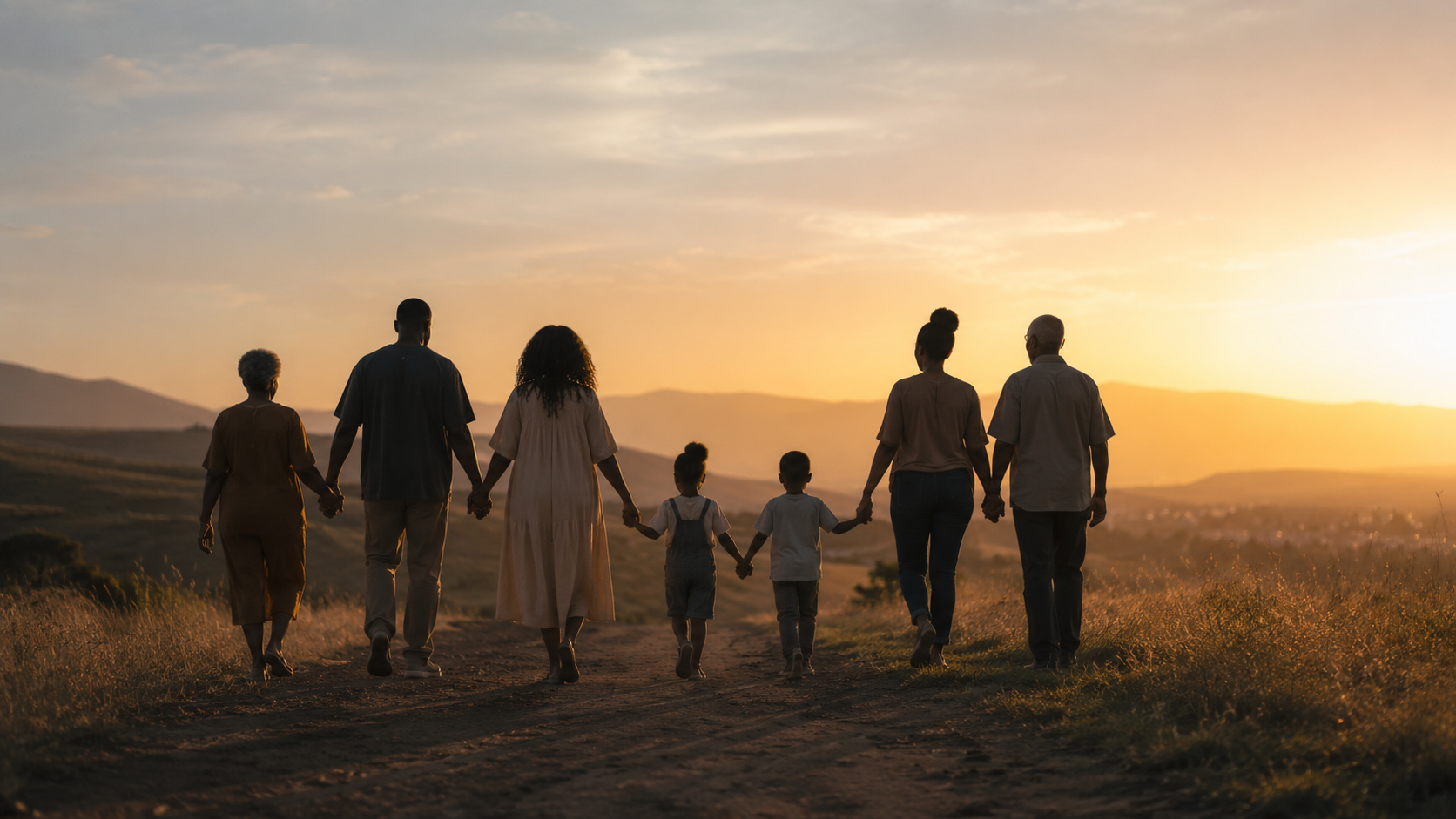 A family silhouette on a path toward a warm sunset horizon