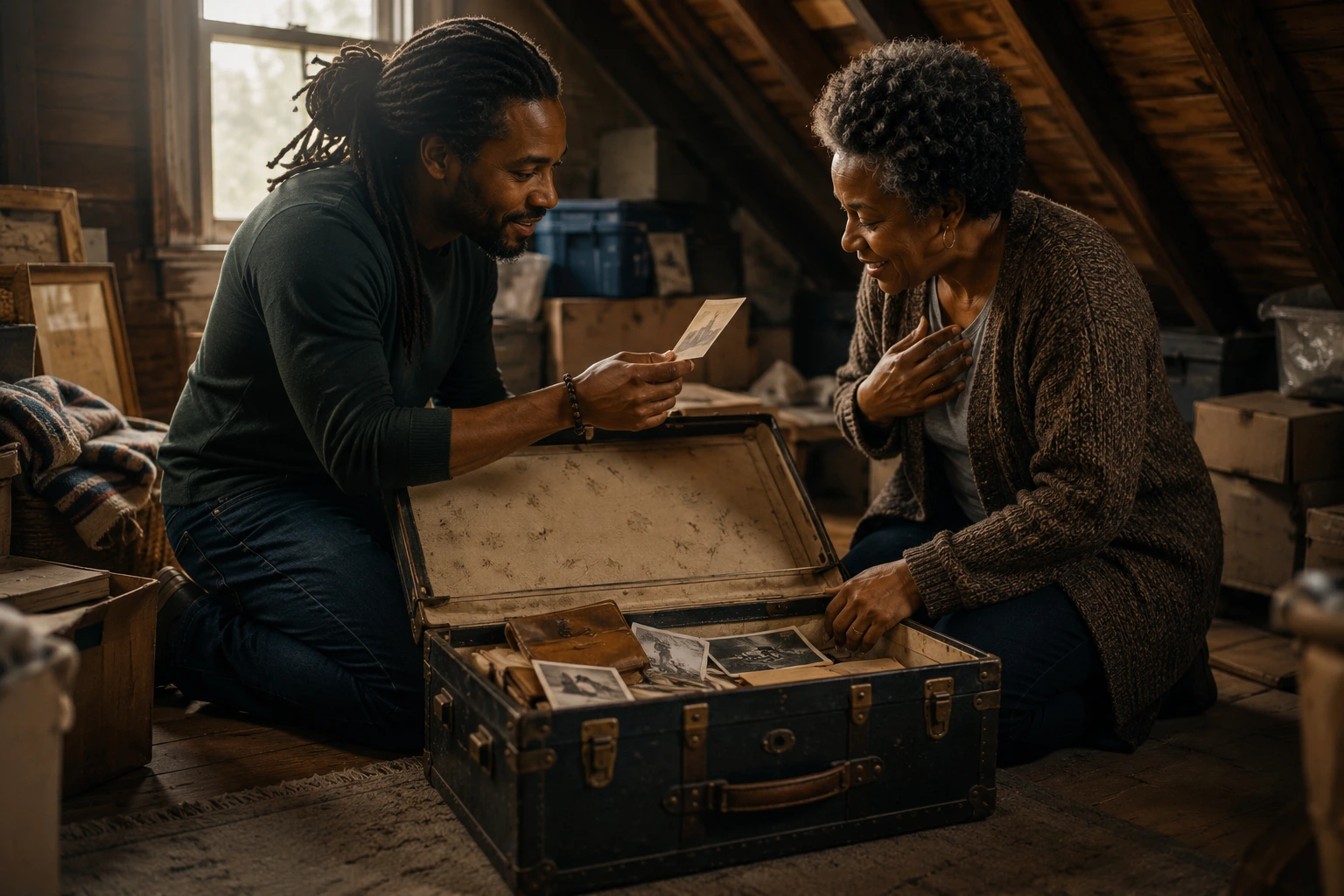 Two siblings looking through a box of old family photographs