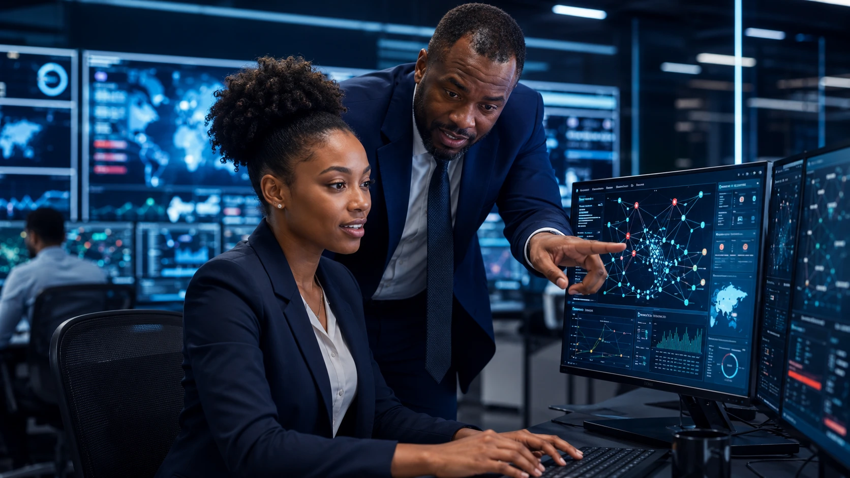 A mentor showing a mentee a smarter way, the mentee's face lighting up in understanding