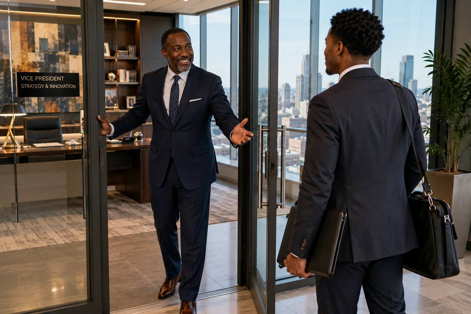 An experienced professional welcoming a nervous newcomer into an office with a warm gesture