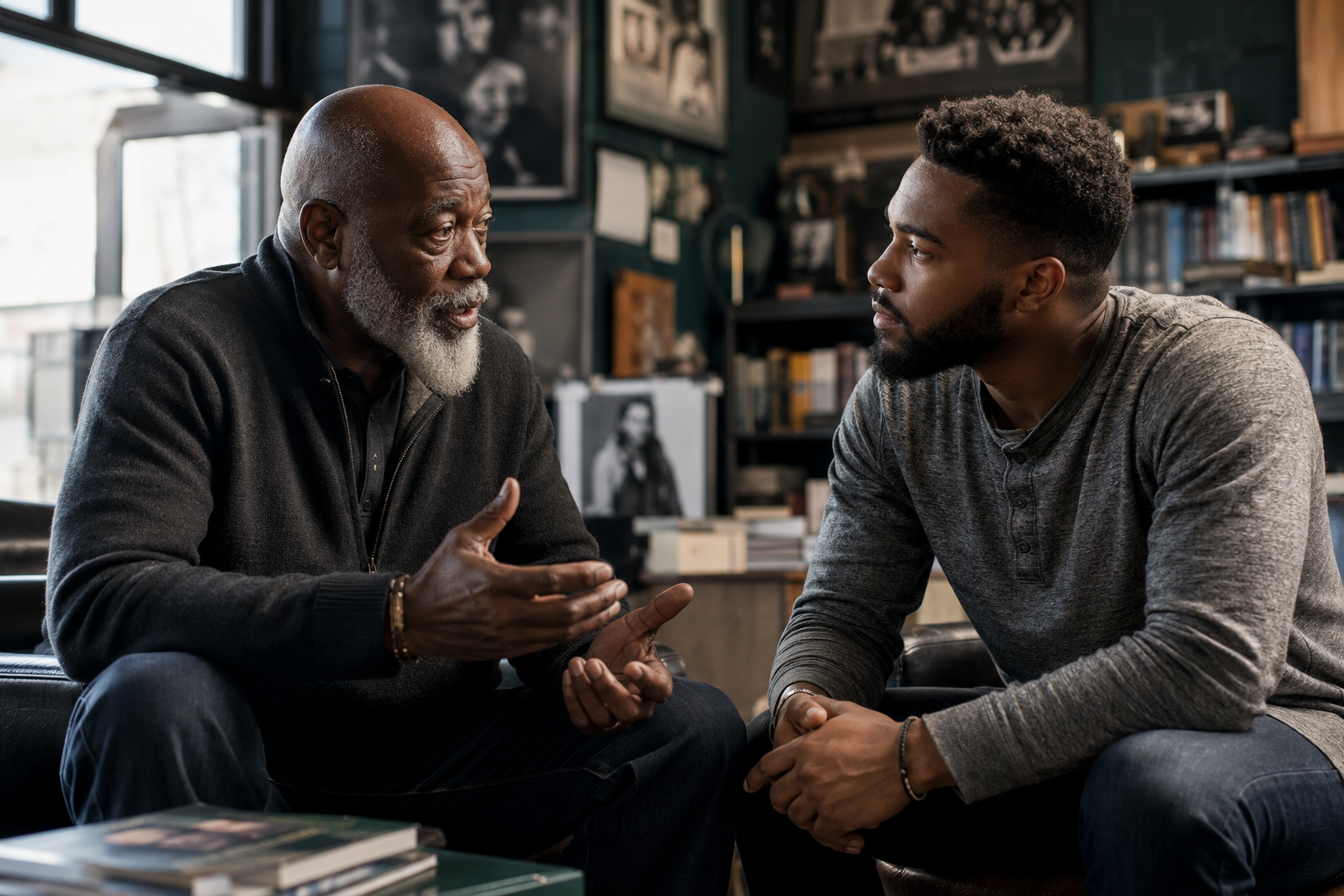 An older mentor sharing personal knowledge with a younger adult during a quiet conversation