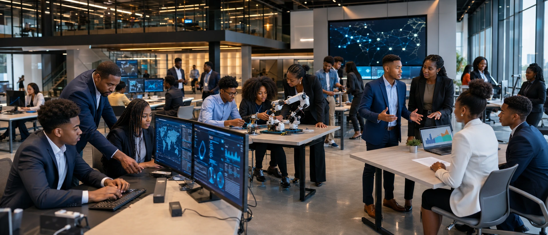 A wide warm scene of several mentor-and-mentee pairs of different ages and trades working side by side across one long studio space