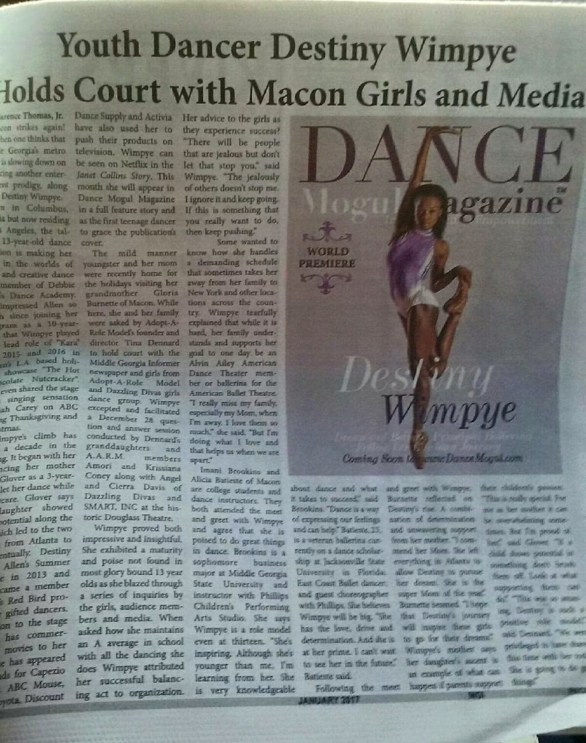 Middle Georgia Informer newspaper article on Destiny Wimpye and her Dance Mogul Magazine cover, 2017