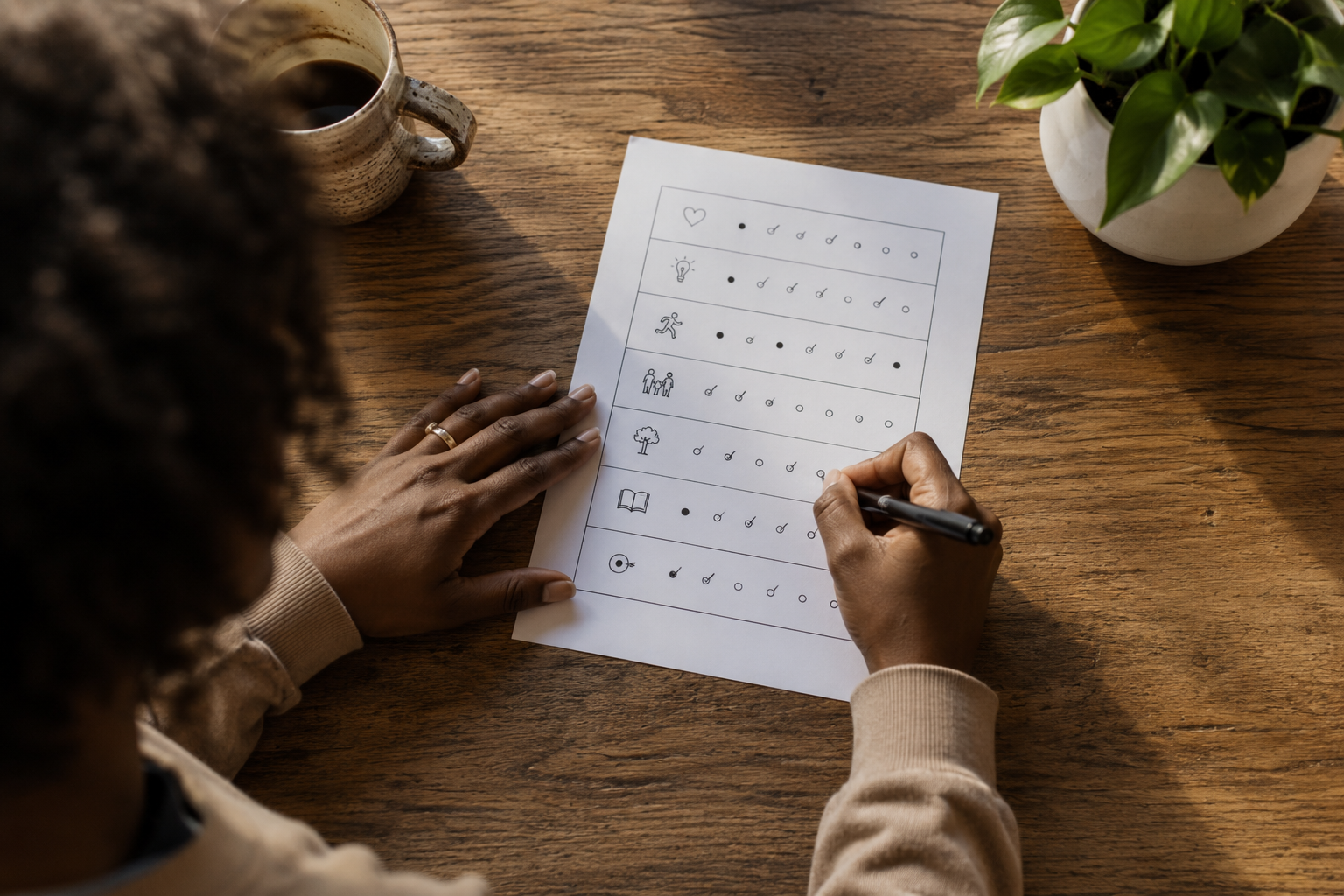 A person beginning a one-page life-planning exercise at a simple wooden table