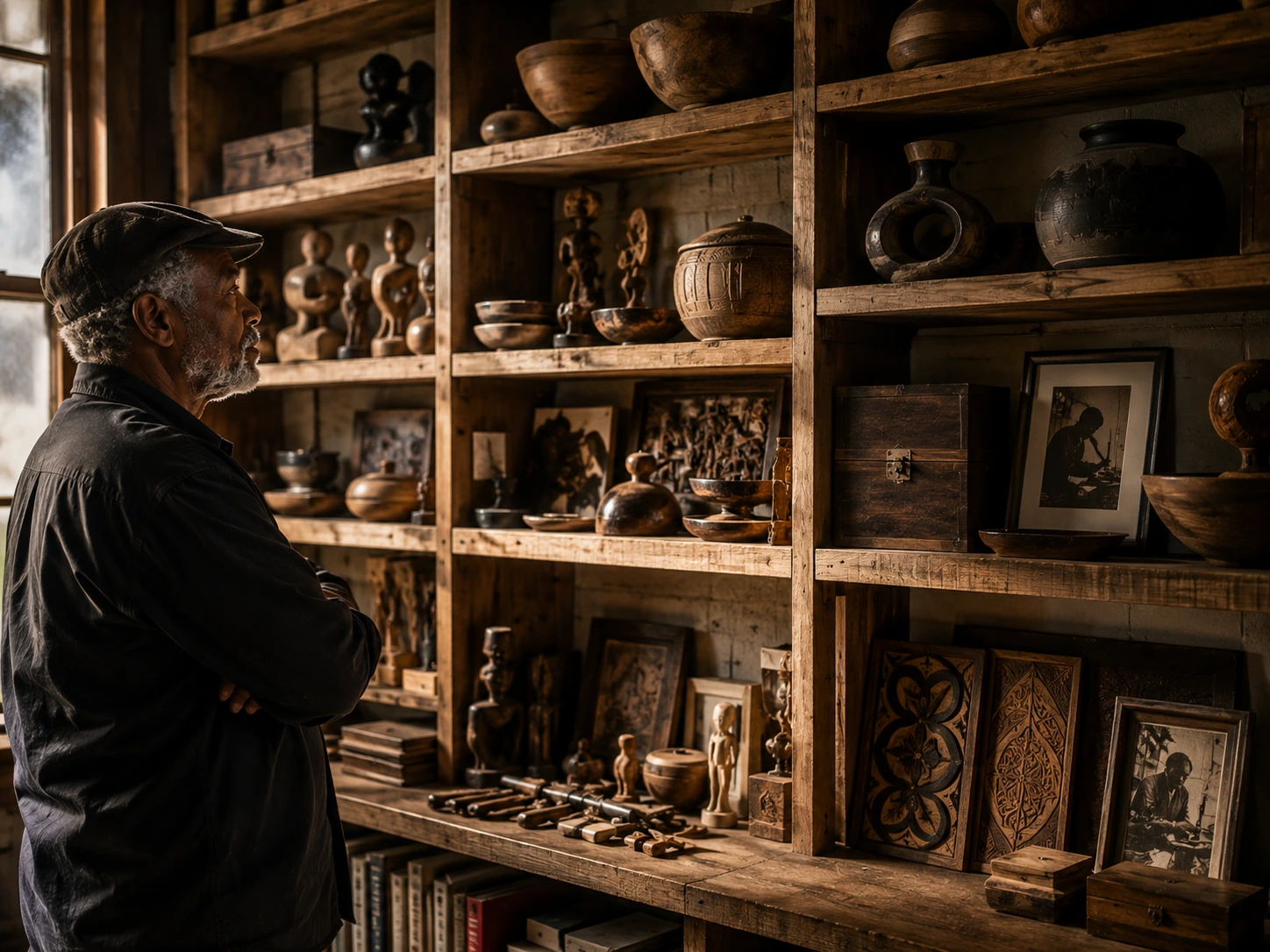 Shelves holding a lifetime of finished works, a body of work assembled over decades
