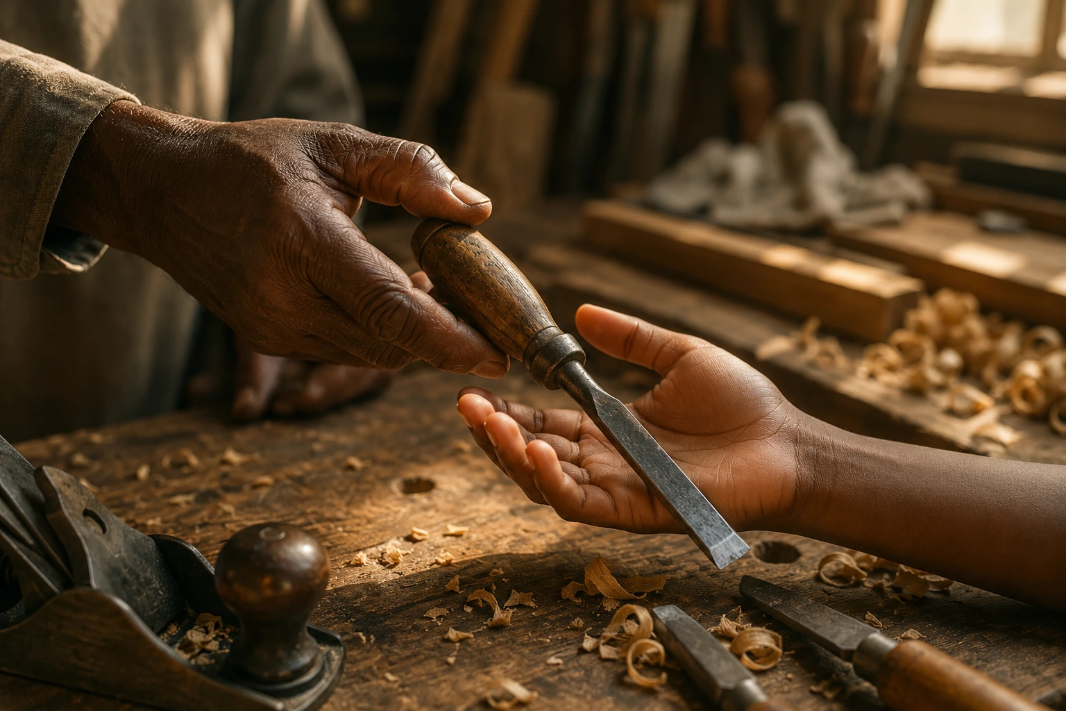 An older hand placing a treasured chisel into a younger open palm across a workbench