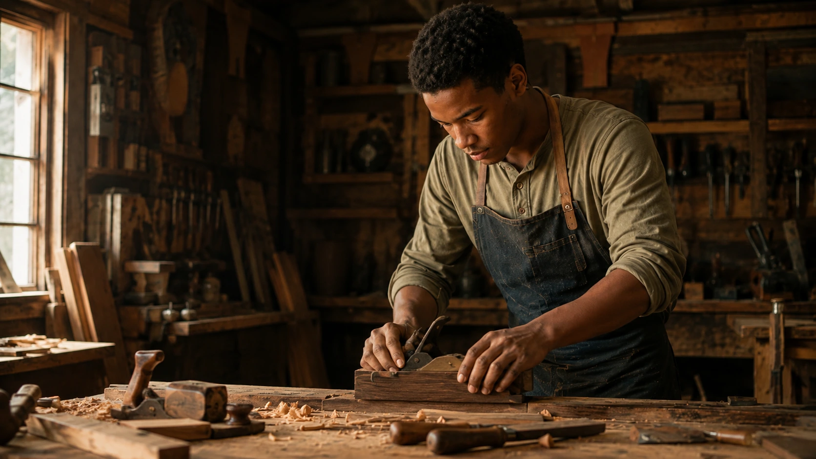 The apprentice now alone at the same bench, carrying the craft forward in warm light