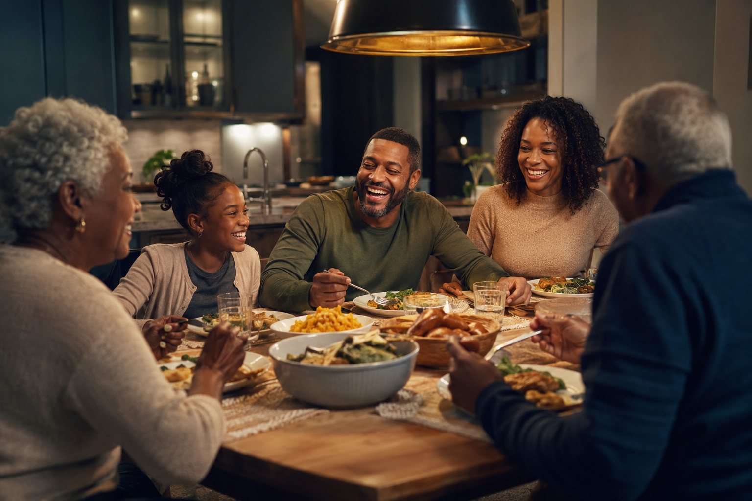 A family sharing an unhurried evening meal together at home