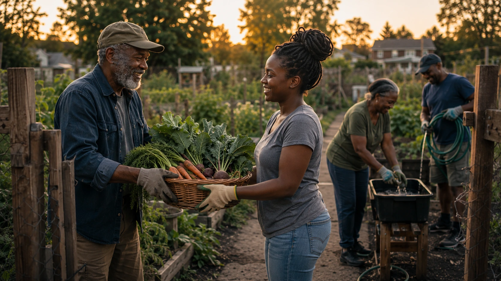 A small group tending a community garden in warm evening light