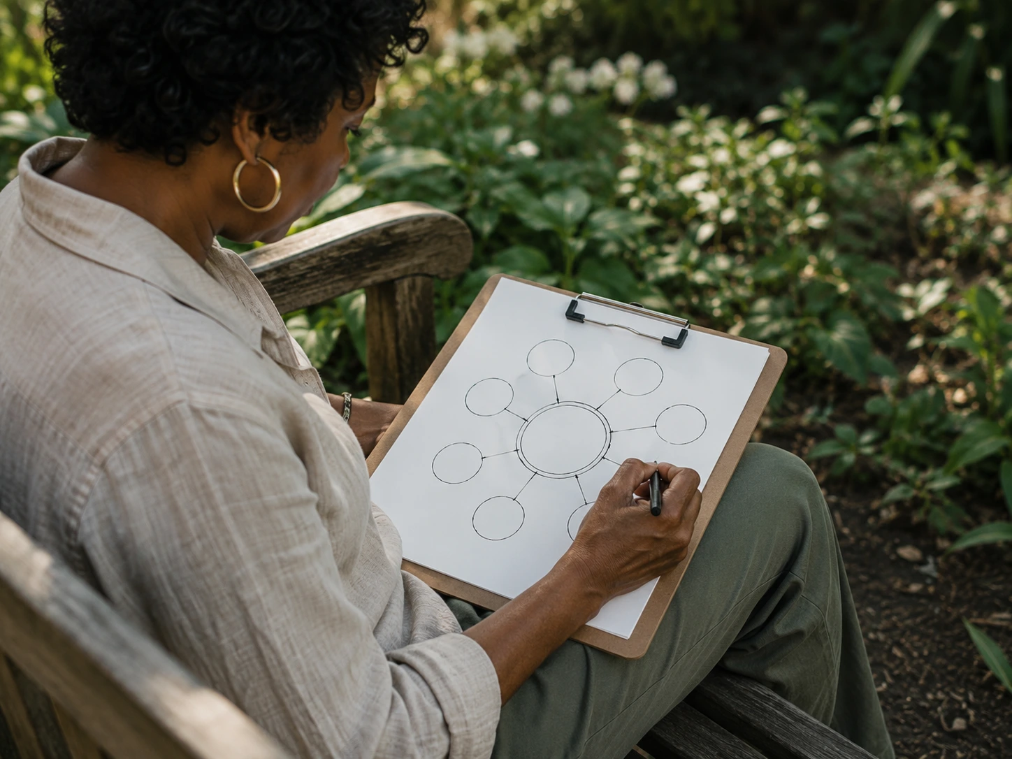 A person beginning a one-page purpose reflection at a simple wooden table