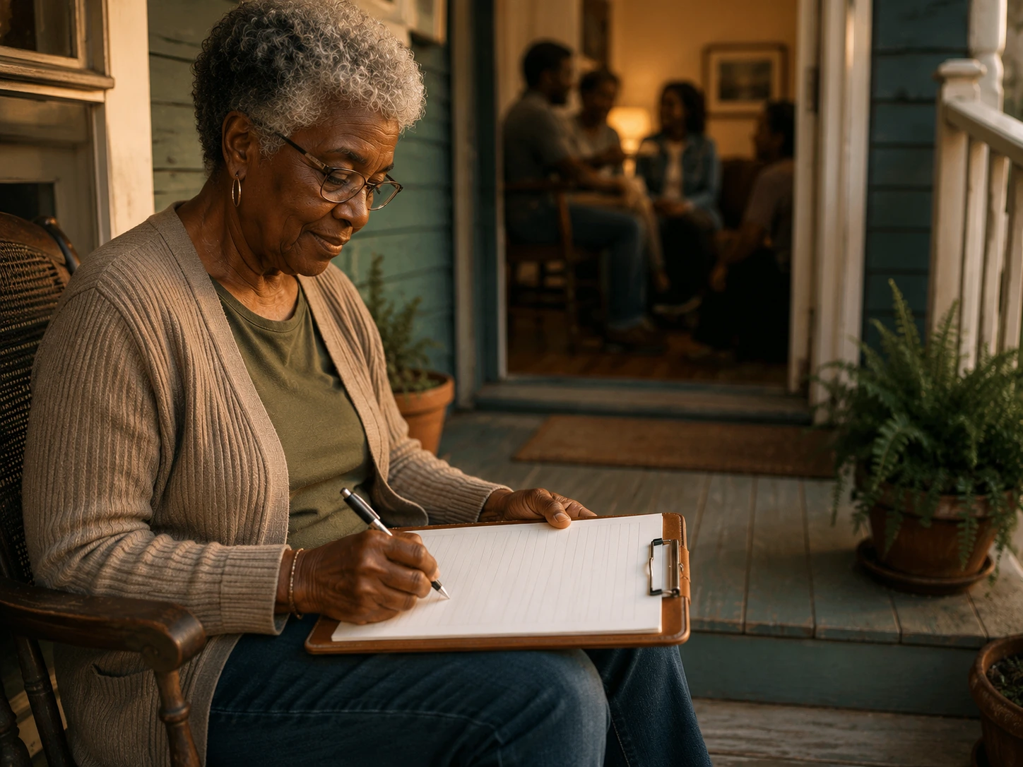 A person beginning a purpose legacy letter at a wooden table