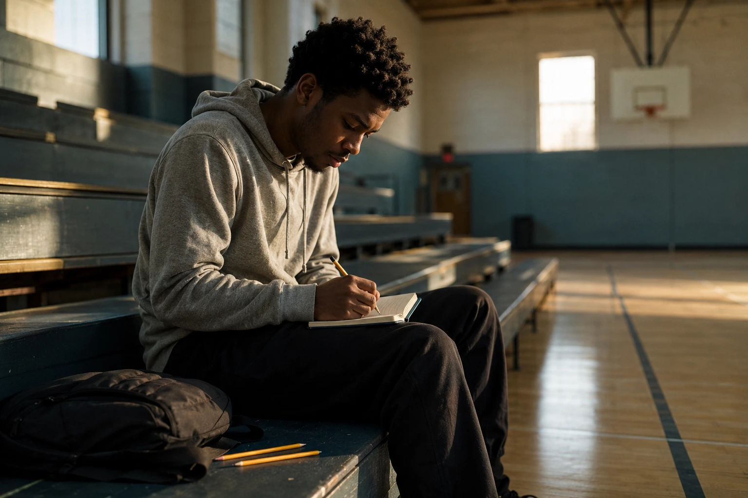 A young man pausing to note a single thought in a plain notebook