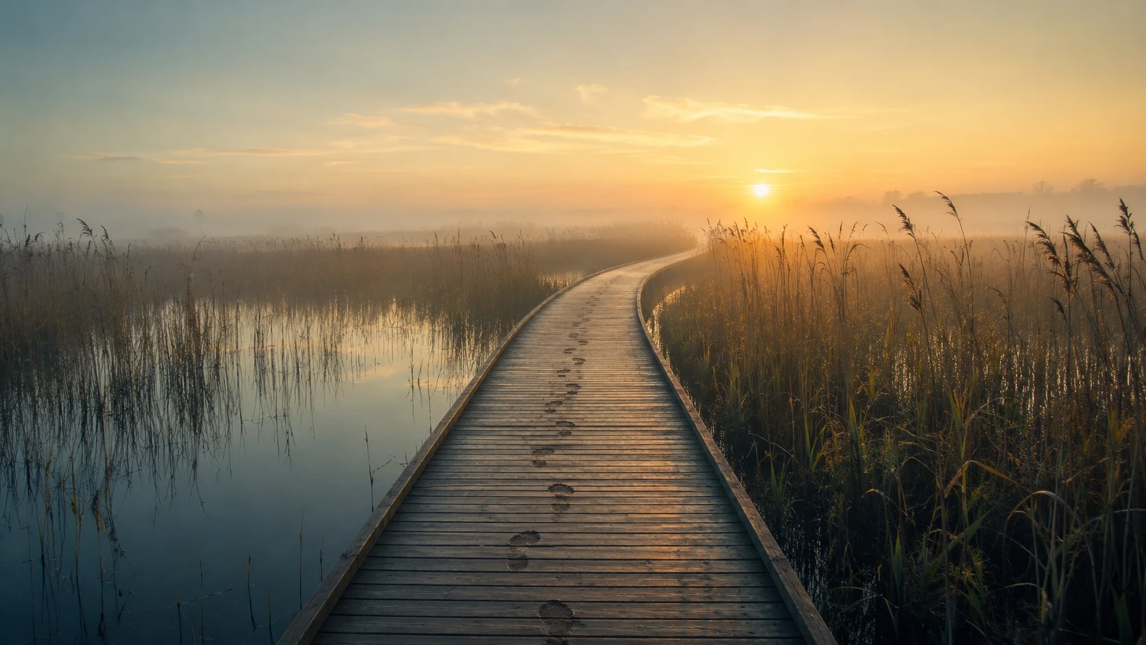 A quiet path curving toward soft dawn light through the trees
