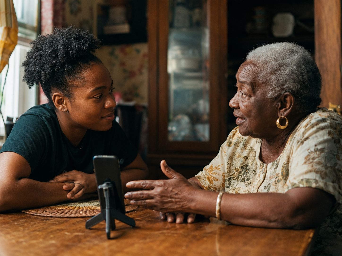 A younger person recording an older relative telling a family story
