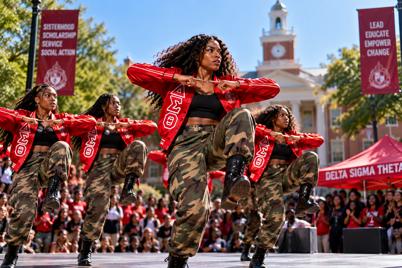Women stepping in unison at an outdoor HBCU homecoming step show